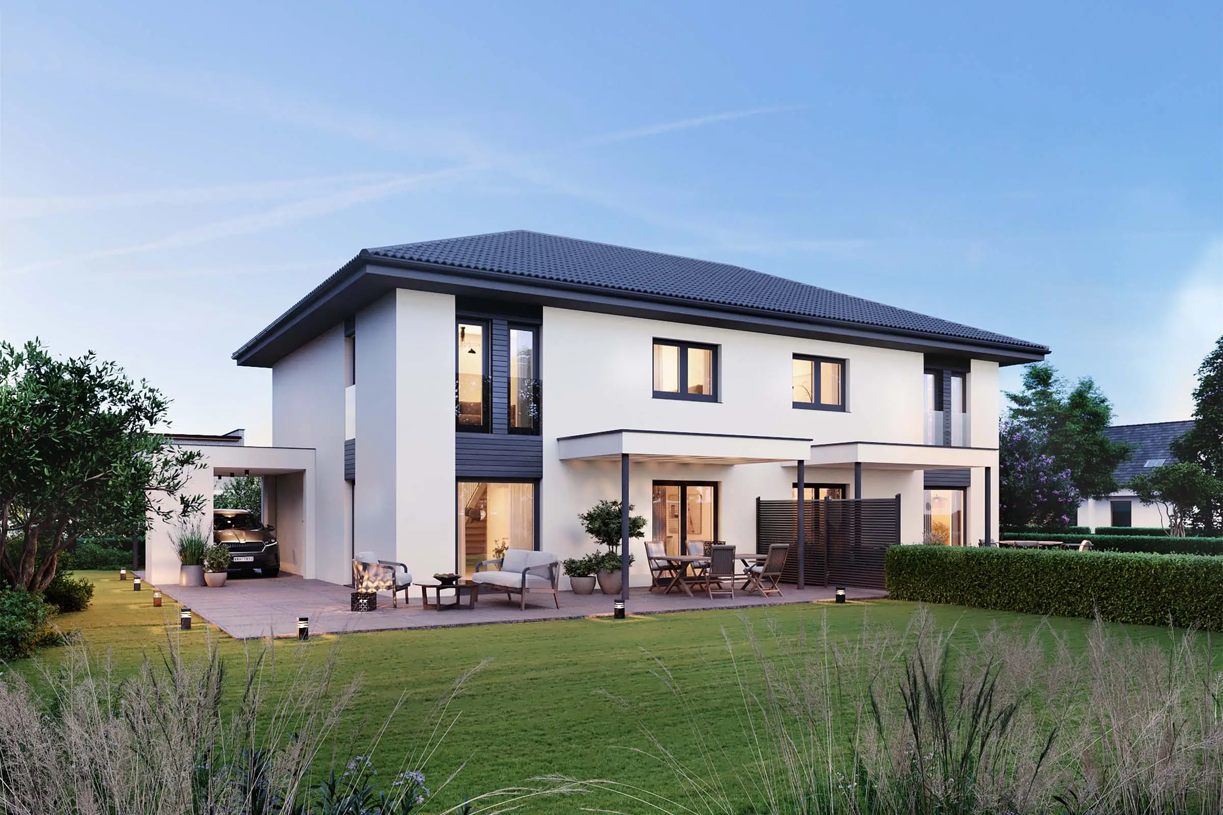 Modernes Haus in Holzständerbauweise mit großen Glasflächen