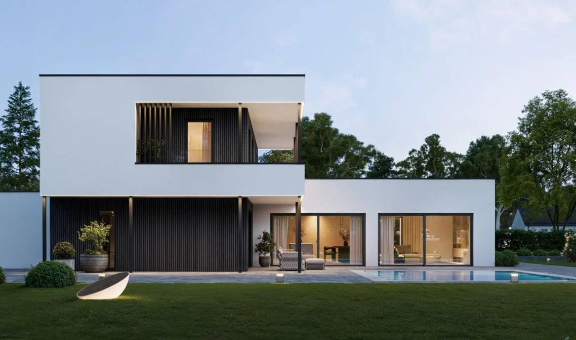 NEXT Hausentwurf: Haus mit dunkler Fassade und Glasfront