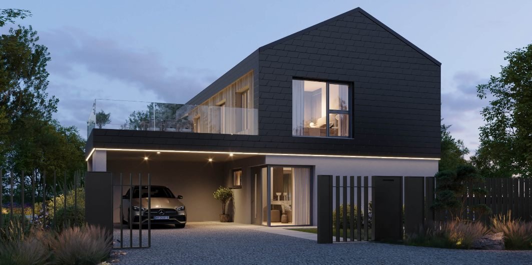 VISION Hausentwurf: Haus mit dunkler Holzfassade und Satteldach